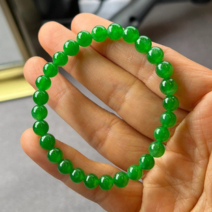天然缅甸翡翠冰种帝王绿手链正品 满绿手串高冰阳绿圆珠6mm小米珠