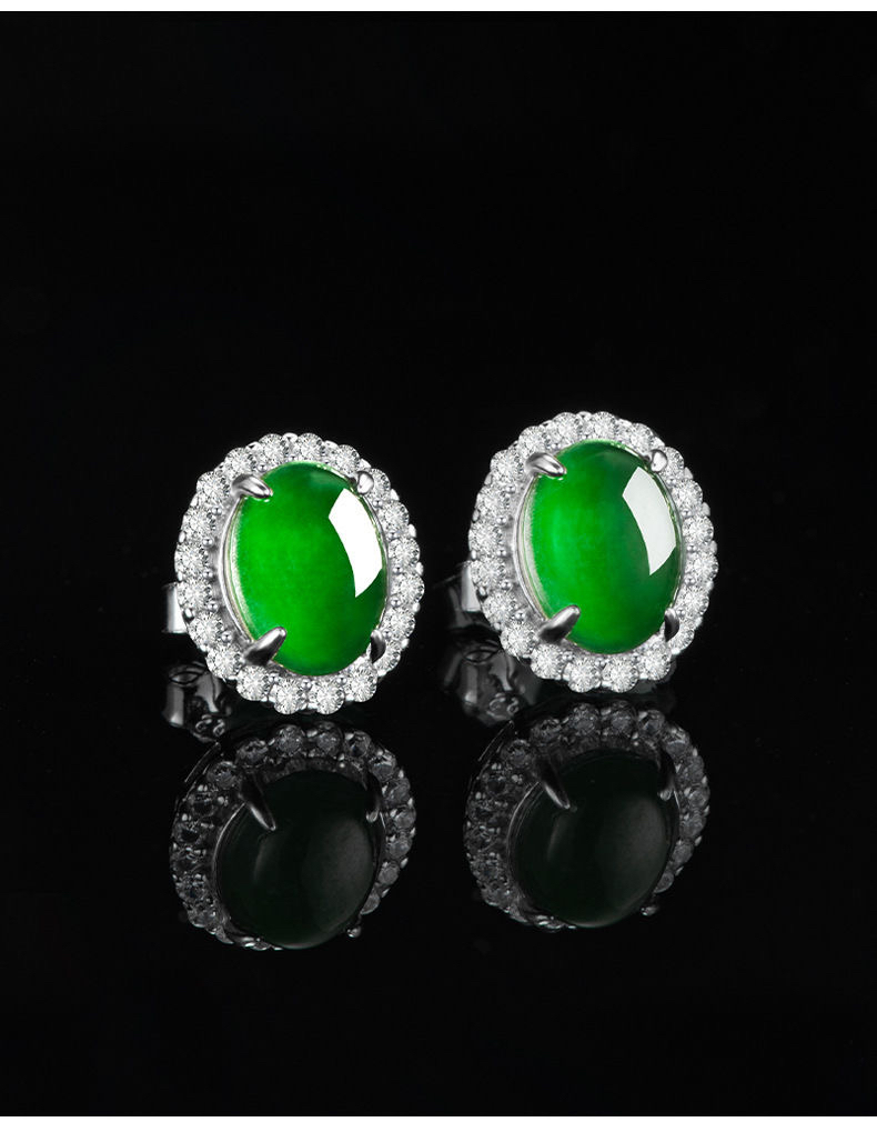 天然翡翠耳钉高冰缅甸蛋面耳饰钩耳饰耳坠正品帝王绿耳环银镶嵌