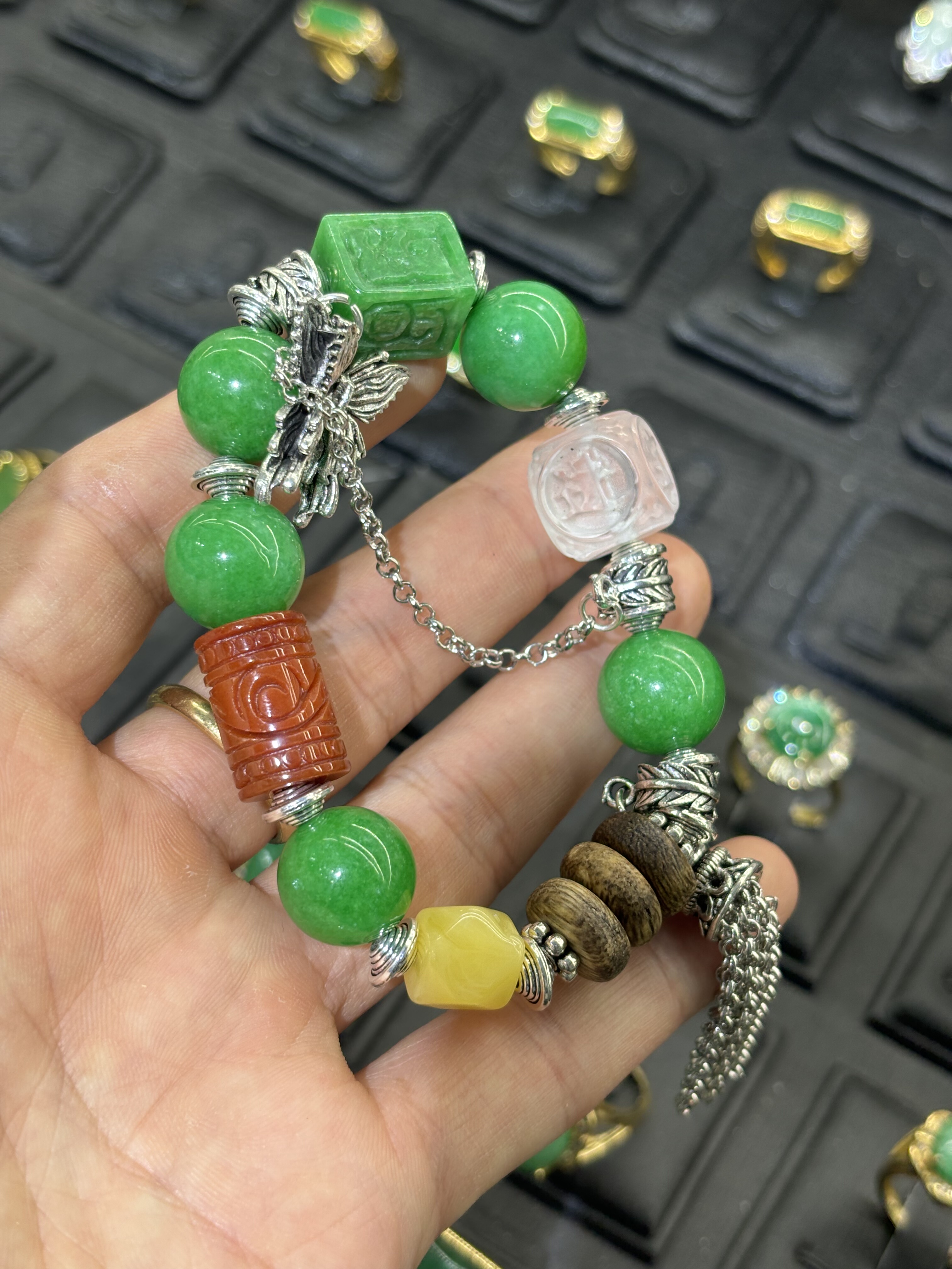 天然缅甸a货冰种黄加绿翡翠圆珠手链女款玉石珠链手串送礼物轻奢