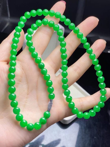 天然缅甸a货翡翠冰糯种阳绿小米珠锁骨项链老坑辣绿圆珠玉石挂坠