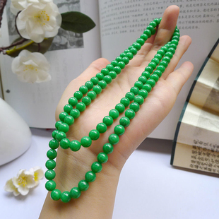 天然缅甸翡翠满绿色阳绿圆珠8mm项链玉珠108颗玉珠链毛衣链玉石链