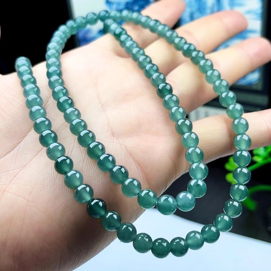 缅甸a货翡翠冰种蓝水手链项链两用款4mm蓝色小米珠正品蓝水翡翠
