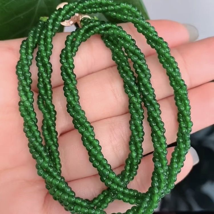 天然翡翠A货冰种满绿满色阳绿小米珠麻花圆珠项链珠链卡4mm玉石
