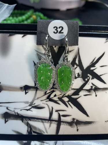 天然正品缅甸翡翠A货叶子耳饰金枝玉叶耳坠正阳绿高冰925银镶嵌