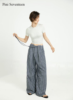 【PINI 17长期主义】SS25 蓝白格纹裤子休闲阔腿长裤