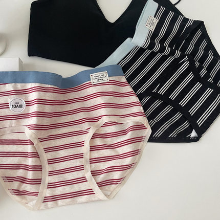 10A抑菌加长裆 美式复古运动风撞色条纹纯棉中腰包臀透气孔内裤女