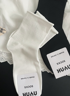 韩国产 夏季薄款竖纹透气凉快卷边穿搭bi备黑白色小短袜棉袜子女