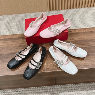 高版2024新款rv水钻方扣玛丽珍鞋女真皮平底方头褶皱时尚芭蕾舞鞋