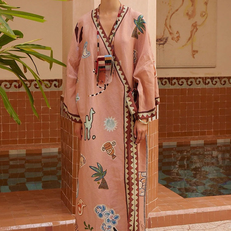 澳洲小众2026春夏新款真丝麻涂鸦印花长袖宽松系带长袍连衣裙女,女装/女士精品,连衣裙,淘宝优惠券,粉丝福利购,淘宝优惠卷
