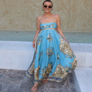 复古蓝色印花亚麻吊带连衣裙海边大摆长裙 澳洲小众度假风2025新款