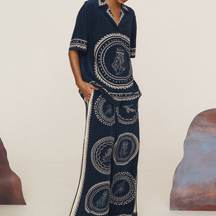 澳洲小众度假风2025新款水母真丝印花宽松休闲衬衫+阔腿裤套装女