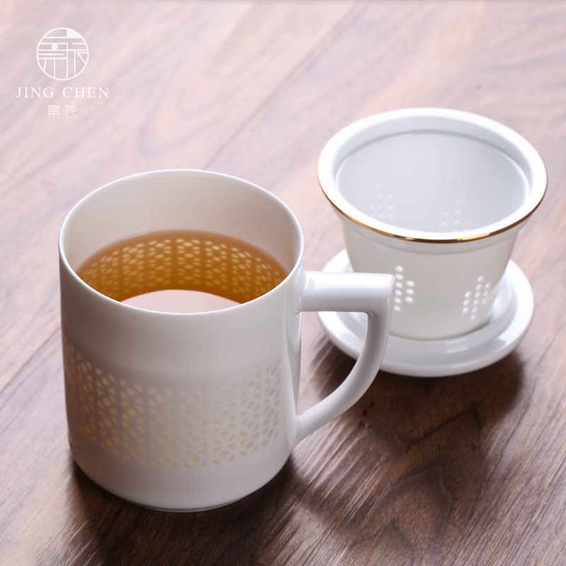 景德镇玲珑茶杯陶瓷过滤杯茶水分离家用泡茶杯子办公室带盖同心杯