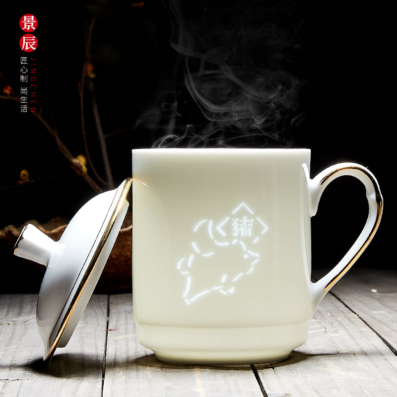 景德镇茶杯陶瓷马克杯家用带盖水杯十二生肖描金玲珑瓷杯子大容量 餐饮具 马克杯 原图主图