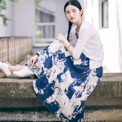 一衣江南拼接印花棉质长裙夏装