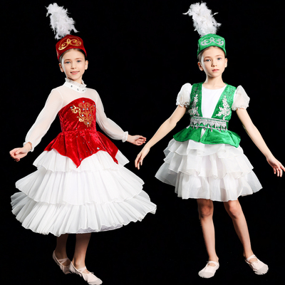 六一儿童哈萨克民族演出服新疆维吾尔族塔吉克族少数民族舞蹈服女