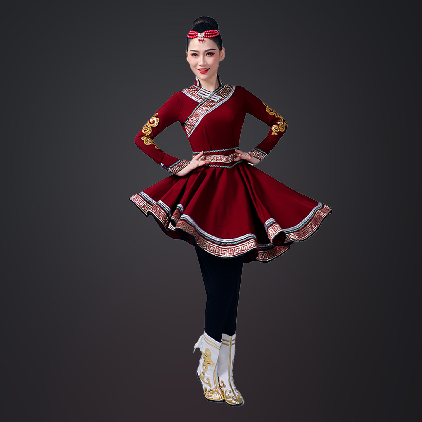 新款蒙古舞蹈演出服舞蹈服酒红色