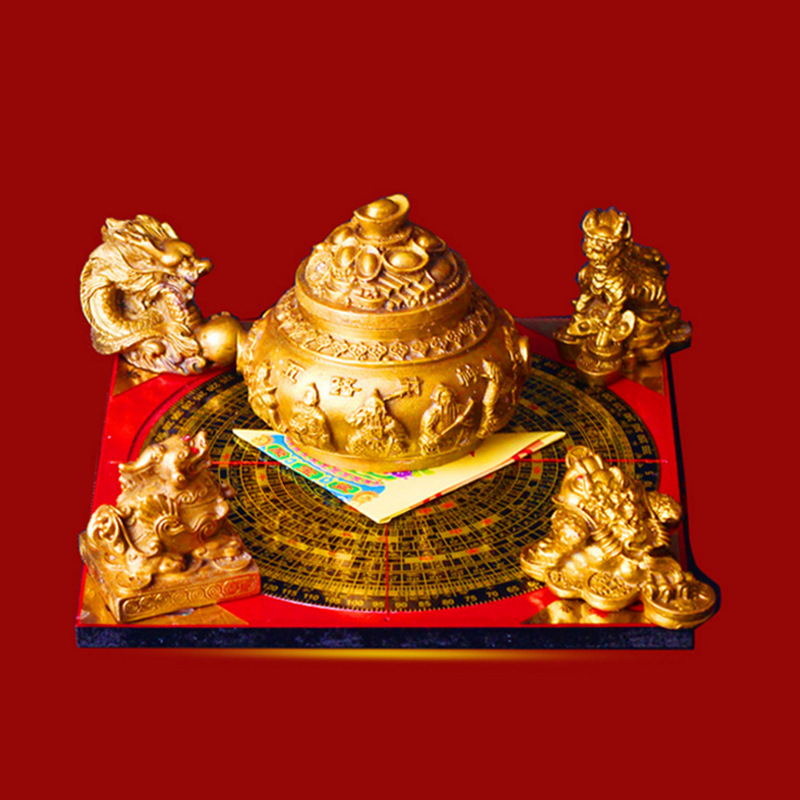 五行阵聚宝盆罗盘家居摆件龙象貔貅白虎四兽聚财阵金属铜罗经神器