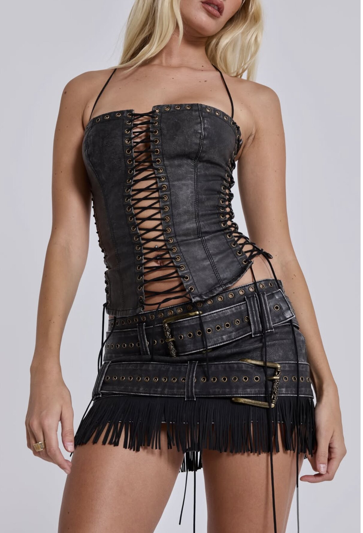 thumbnail for ZTboss Selection ~ Black Strap Hollow Leather Bandeau Vest Y2K American Spice Girl Music Festival Camisole Top