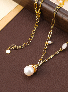 原创通勤蘑菇造型精致小巧镶锆淡水珍珠拼接链项链锁骨链时尚