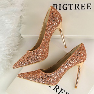 Women 9cm High Heels Wedding Slip-on Shoes Bling Sequin 2023