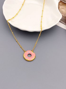 时尚滴釉甜甜圈吊坠项链黄铜镀18K真金简约可爱气质青岛饰品