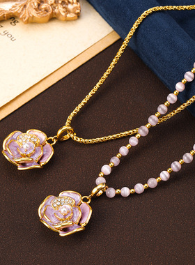 复古珐琅山茶花猫眼石串珠项链秋冬毛衣链轻奢小众高级感锁骨链