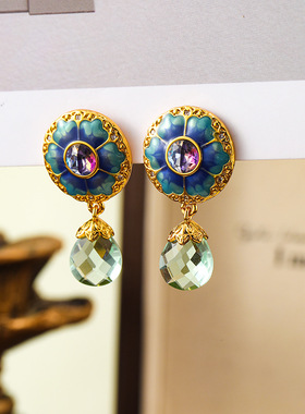 原创中古宫廷风蓝色系花朵滴油珐琅耳环流苏水晶女耳饰小众高级