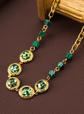 原创欧美复古豹纹玻璃方块孔雀石拼接链项链Vintage中古气质颈链