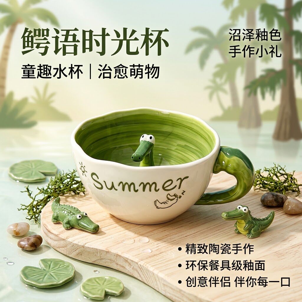 正版手作陶瓷鳄鱼杯爱泡澡的鳄鱼马克杯超级可爱家用早餐杯伴手礼