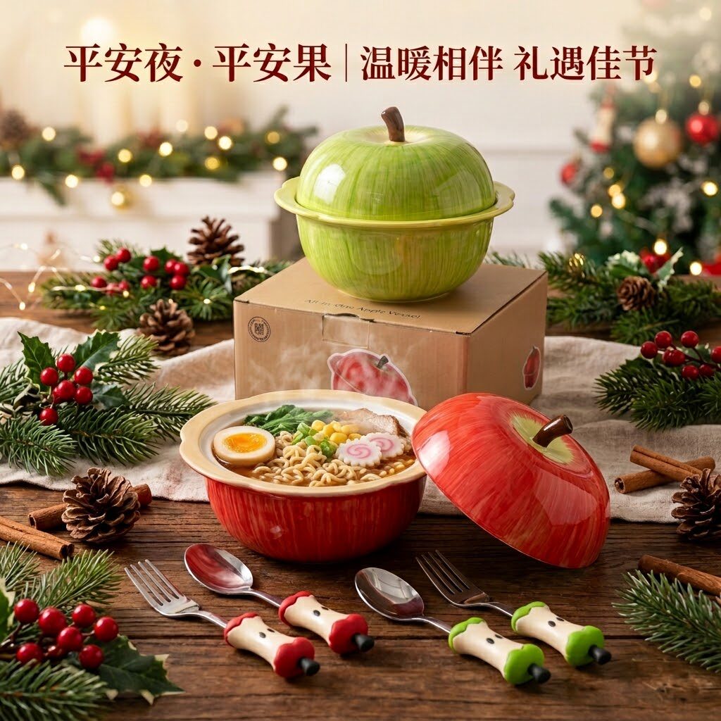 创意苹果造型陶瓷泡面碗带盖日式拉面碗家用宿舍碗礼盒装