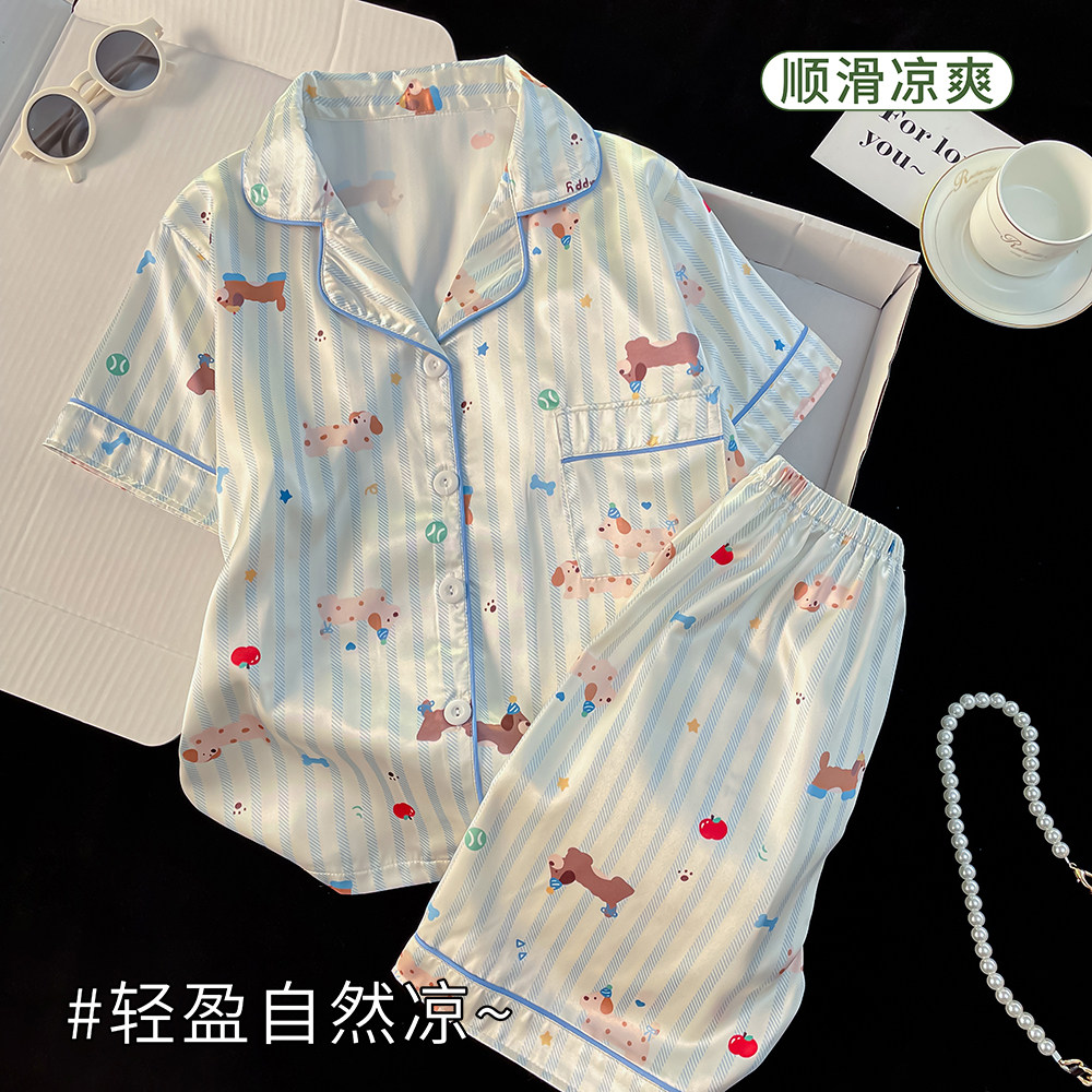 女童睡衣开衫翻领冰丝套装空调服薄款中大童可外穿儿童家居服夏季