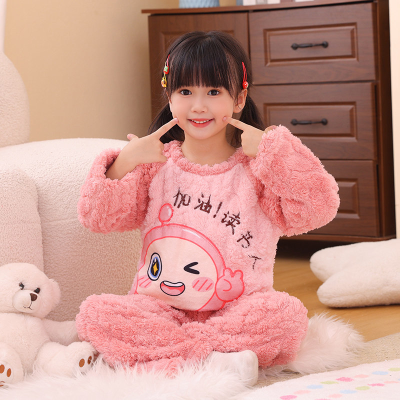 儿童可爱珊瑚绒睡衣女童秋冬季加绒保暖法兰绒小女孩中大童家居服
