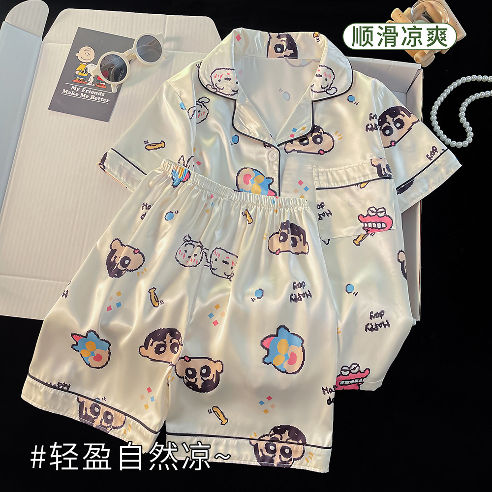 女童睡衣开衫翻领冰丝套装空调服薄款卡通蜡笔小新儿童家居服夏季