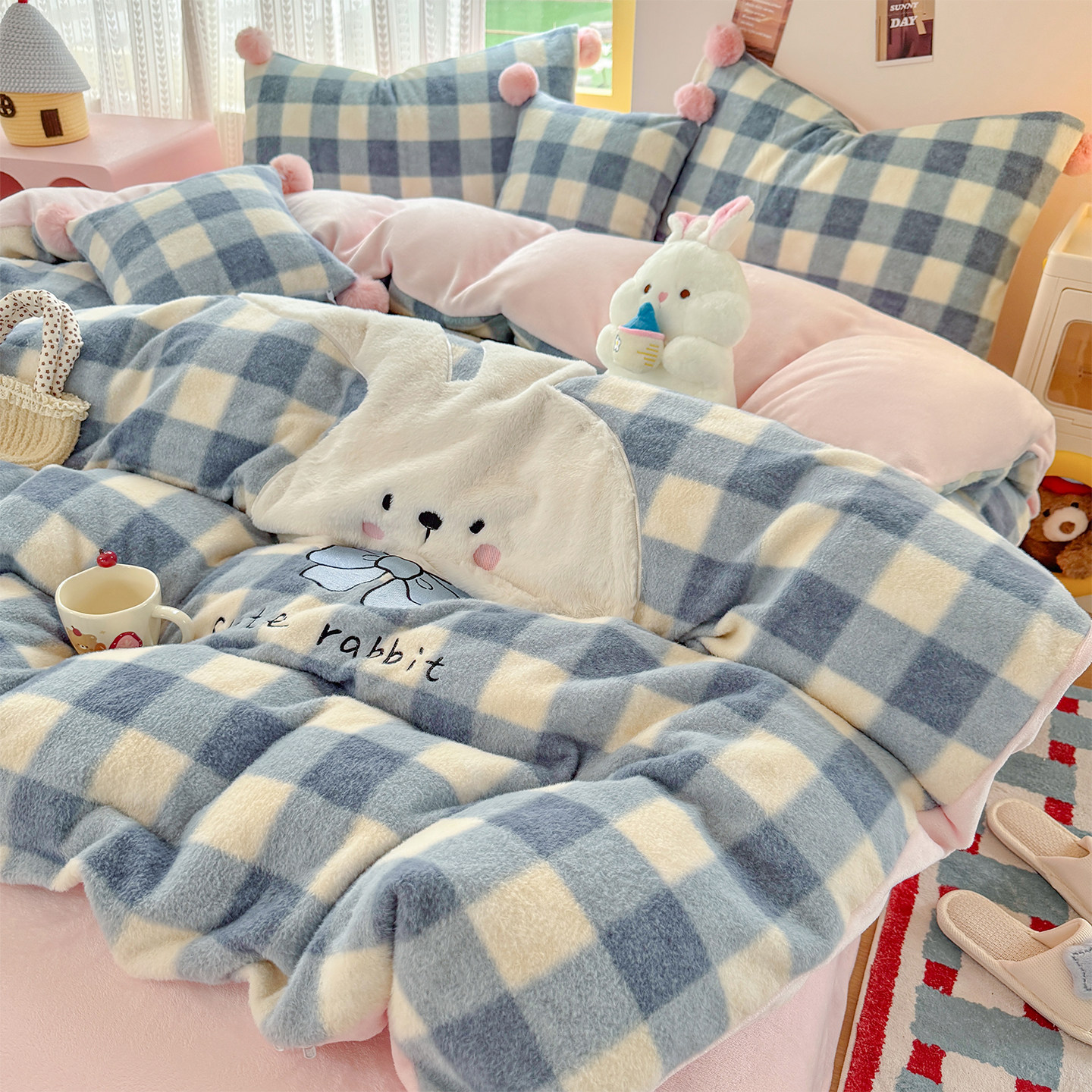 可爱卡通牛奶绒加厚保暖床上四件套冬季贴布绣被套床单加绒三件套