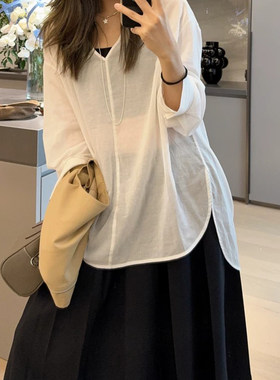 美洋MEIYANG 佛系衬衫 私服款！气质V领轻薄微透长袖上衣