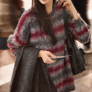 美洋MEIYANG酱灰毛衣 绵羊毛羊驼毛编织坑条圆领撞色针织