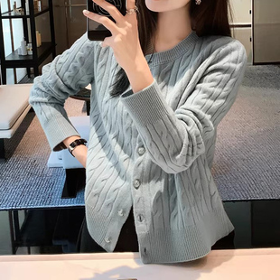 美洋MEIYANG 麻花卷针织开衫 26春绵羊毛羊绒_圆领排扣毛衣