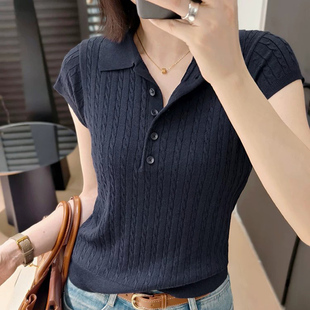 美洋MEIYANG 温莎polo衫 复古麻花竖条肌理针织翻领短袖上衣