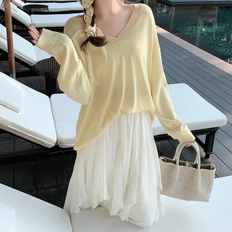 美洋MEIYANG 清闲醋酸针织衫 沁凉一春夏~天丝V领长袖上衣