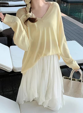 美洋MEIYANG 清闲醋酸针织衫 沁凉一春夏~天丝V领长袖上衣