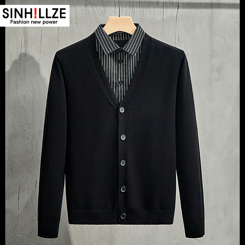 假两件毛衣男衬衫领针织衫2024秋冬季新款高级感开衫外套秋装上衣