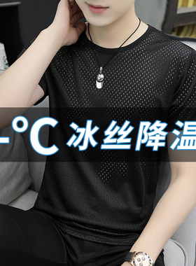 冰丝短袖T恤男镂空网眼透气体恤冰丝速干上衣服夏季纯色黑色半袖