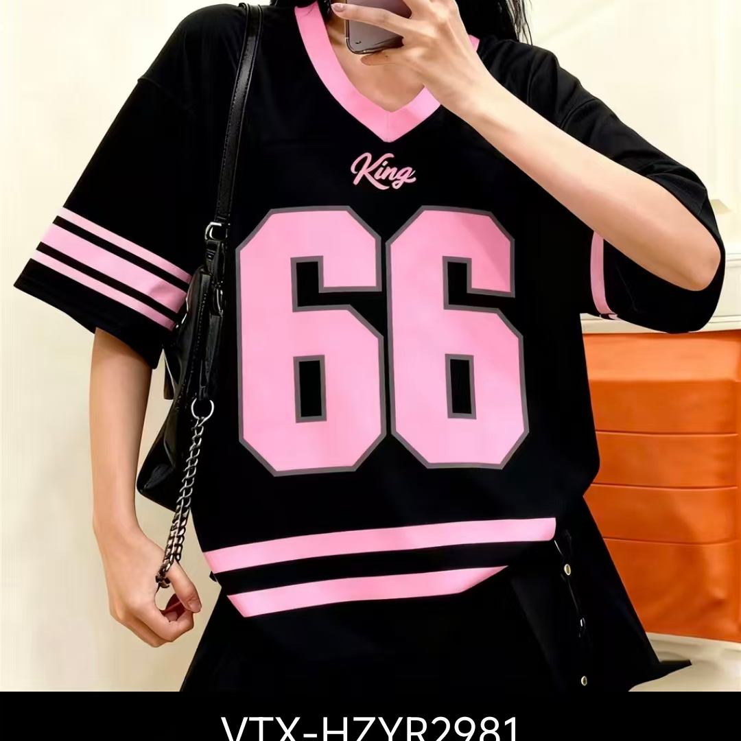 美式嘻哈V领短袖宽松印花T恤