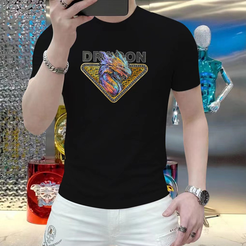 时尚高级感120支双丝光棉男士圆领短袖潮流酷帅炫彩龙标修身t恤