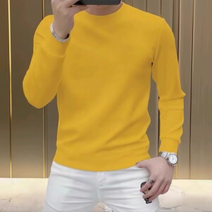 高端精选蚕丝棉男士简约圆领长袖卫衣黄色百搭可打底可外穿T恤