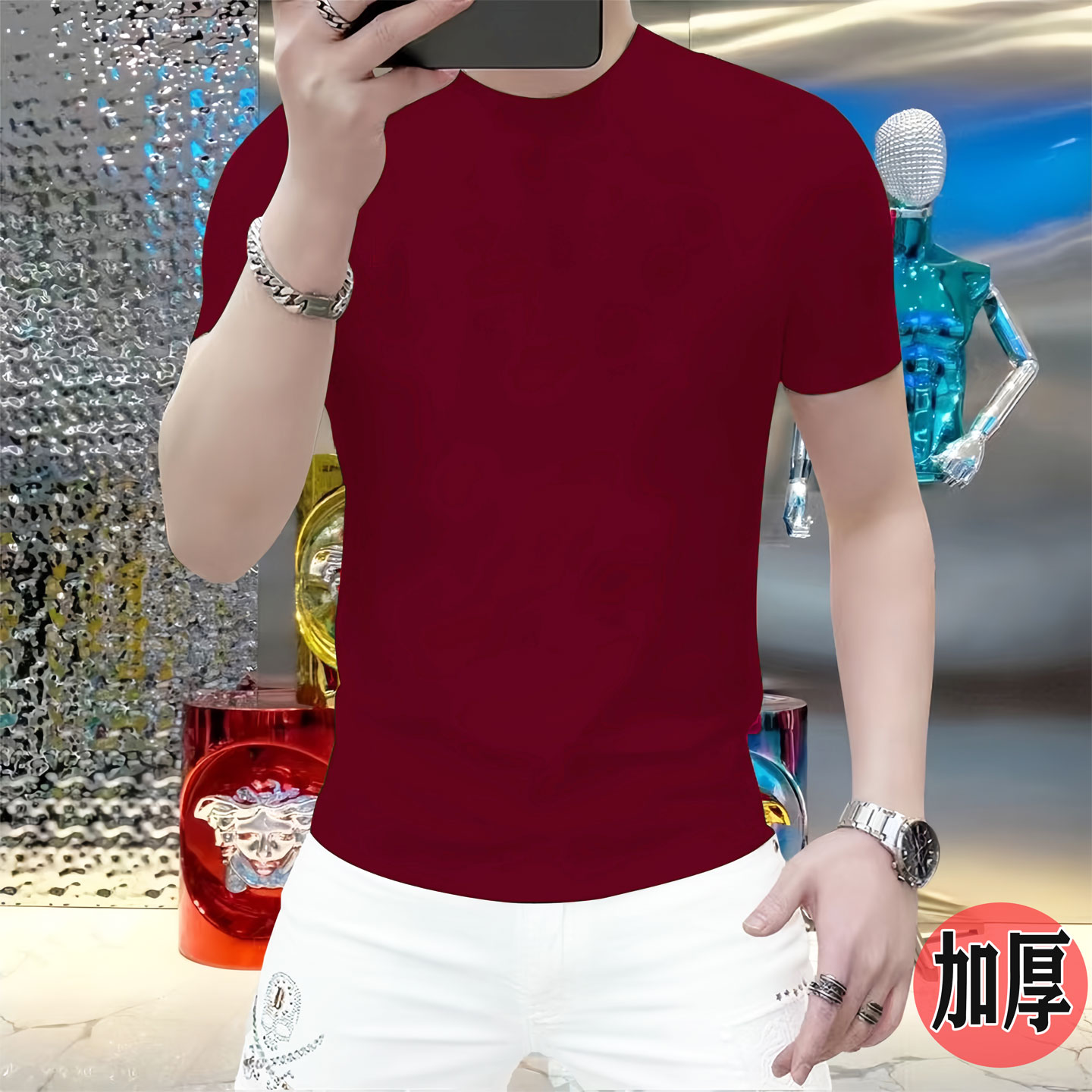 秋冬加厚男士圆领短袖莱赛尔休闲百搭半袖纯色安哥拉红流行上衣