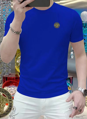 彩蓝色时尚酷帅金标男士潮流圆领短袖丝滑冰爽丝光棉修身半袖T恤