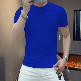 时尚经典蓝色男士纯色圆领短袖高级感玉蚕丝丝滑亮色潮流半袖T恤