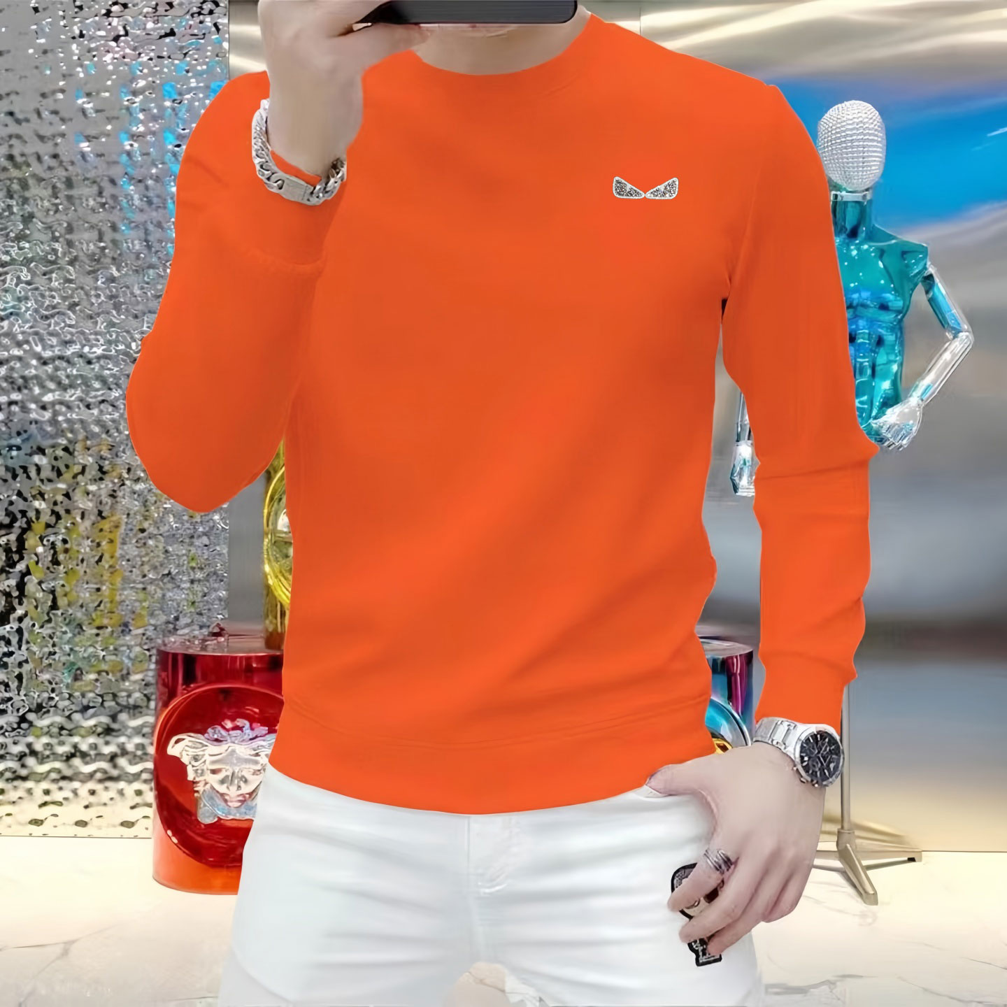 高端精选蚕丝棉男士简约圆领长袖卫衣银标百搭可打底可外穿T恤