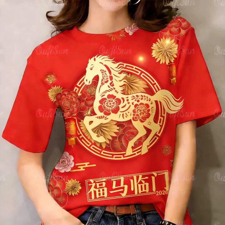 2026马年3D印花红色短袖女T恤